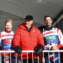2. februar: Kong Harald var til stede under NM på ski i Drammen. Der fikk han blant annet se Lyn ski 1 med Simen Hegstad, Johan Tjelle og Hans Christer Holund vinne 3x10 km stafett for menn. Foto: Terje Pedersen / NTB scanpix